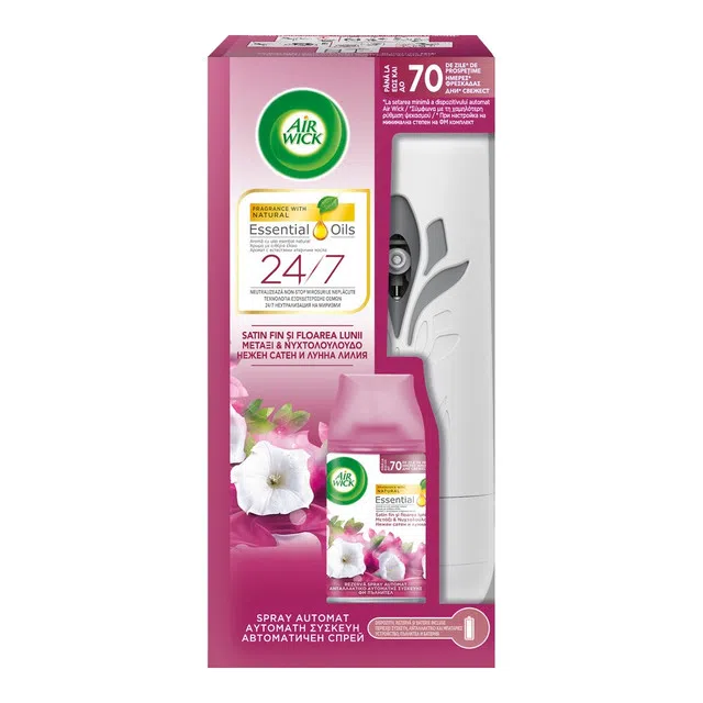 Odorizant de camera Air Wick Freshmatic Essential Oils + rezerva Smooth Satin & Moon Lily 250 ml
