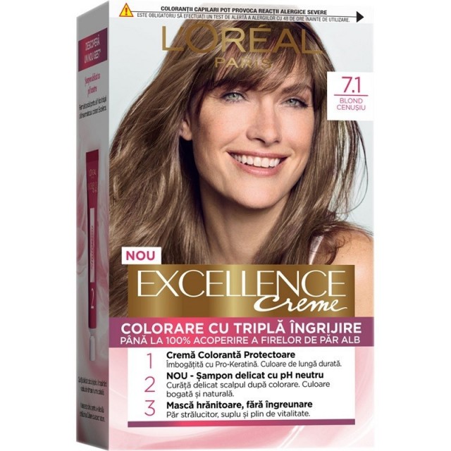 Vopsea de Par Permanenta cu Amoniac L'Oreal Paris Excellence Creme 7.1 Blond Cenusiu, 192 ml