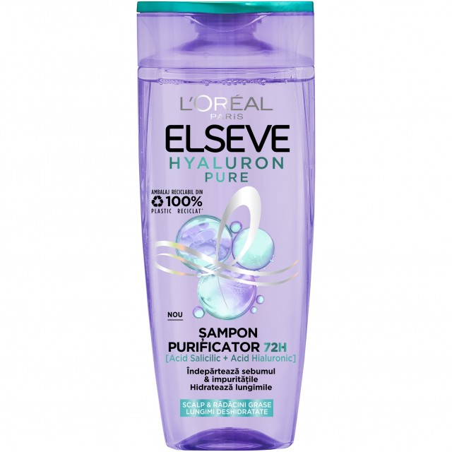 Sampon purificator L'Oreal Paris Elseve Hyaluron Pure pentru scalp si radacini grase si lungimi deshidratate, 250 ml
