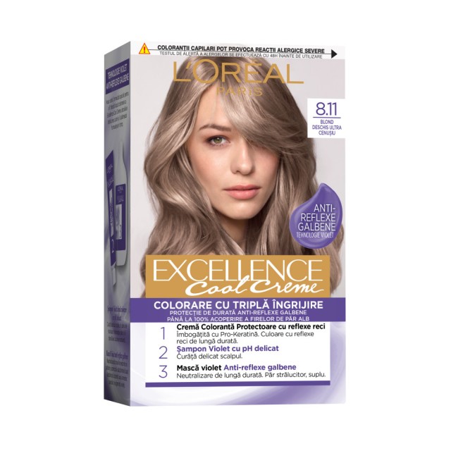 Vopsea de par permanenta L'Oreal Excellence Cool Creme 8.11 Blond Deschis Ultra-Cenusiu, 192 ml