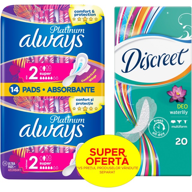 Pachet: Aborbante Always Platinum Super, 14 buc + Absorbante zilnice Discreet Waterlily, 20 buc
