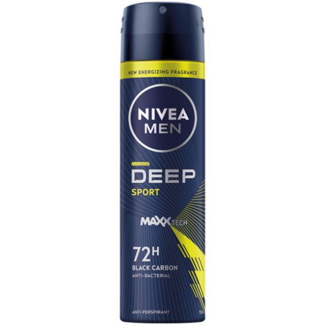 Deodorant spray Nivea Men Deep Sport, cu formula Maxxtech si actiune 72 ore, 150 ml