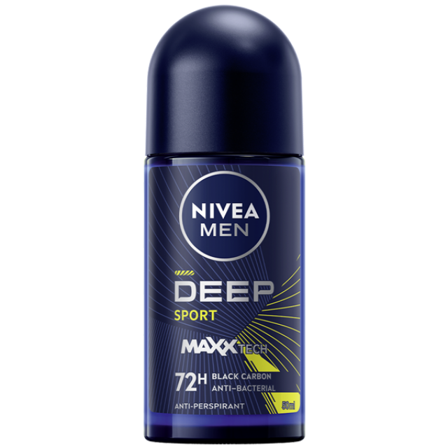Deodorant roll-on Nivea Men Deep Sport, cu formula Maxxtech si actiune 72 ore, 50 ml