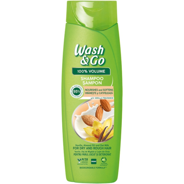 Sampon Wash & Go cu extract de vanilie, ulei de migdale si lapte ovaz pentru par uscat si deteriorat, 360 ml